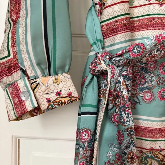 Zara Satin Foulard Paisley Maxi Dress Medium Shirt Dress Floral Belted
